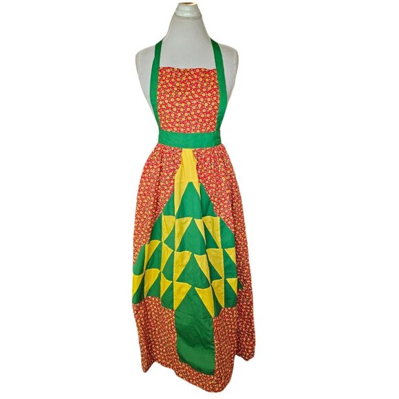 Vintage 70s Patchwork Ditsy Floral Apron Dress Red Green Size Small Long Retro - Picture 1 of 12